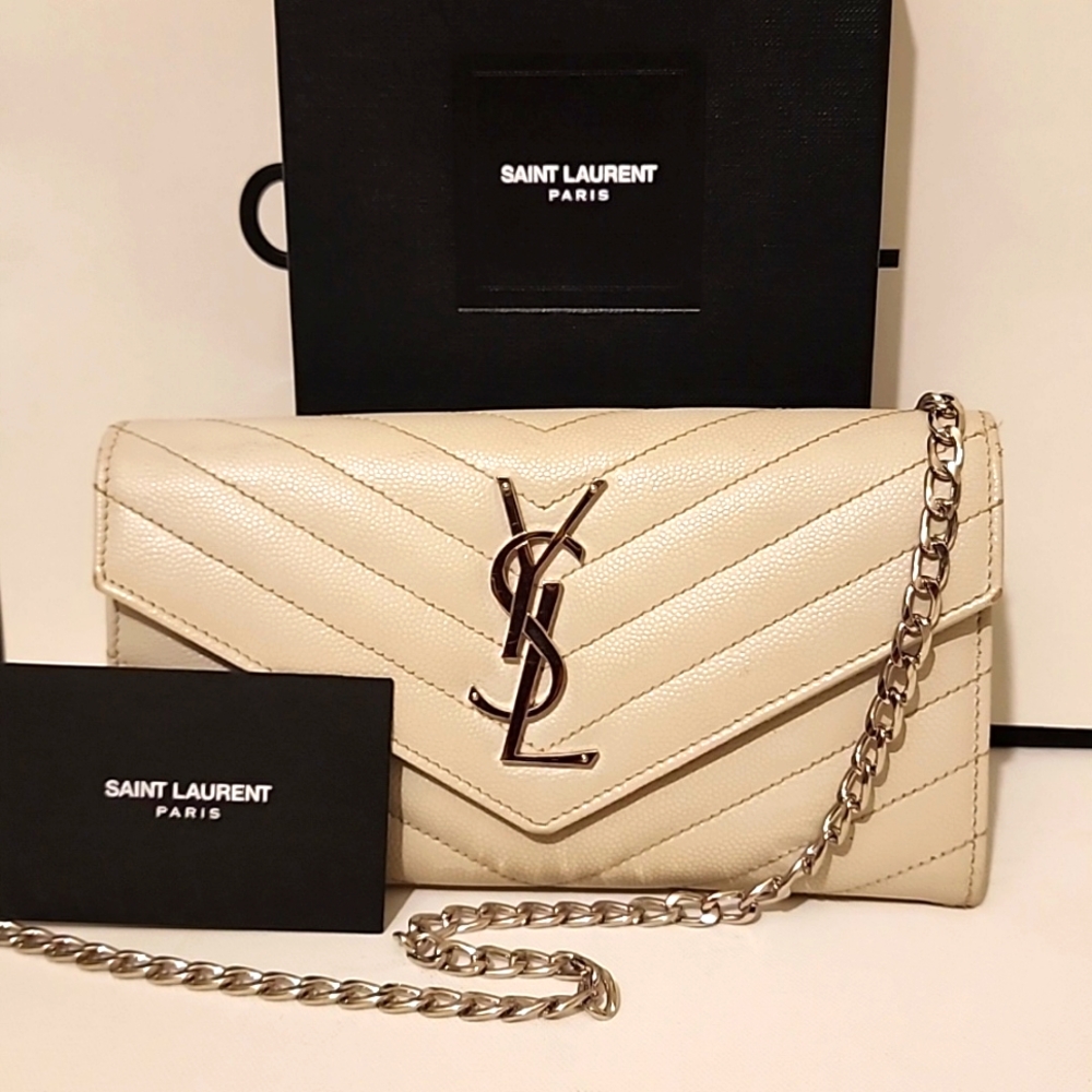 YSL Cloud Gray Caviar Flap Crossbody Large Purse Clutch WOC + Box